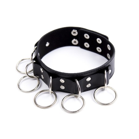Faux-leather collar with 5 metal circles for male or female slave
