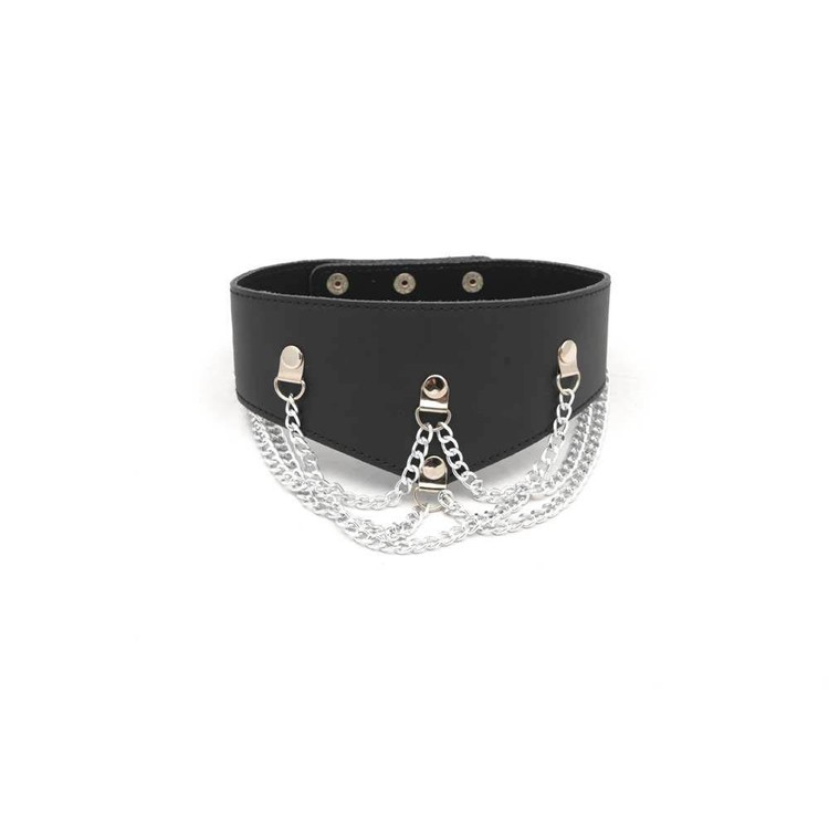 קולר עור שחור אלגנטי עם שרשראות עדינות