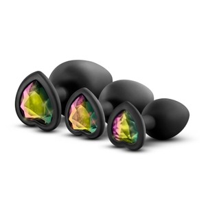 Luxe - Bling שלישיית פלאגים אנאליים שחורים עם יהלום לב בצבעי הקשת