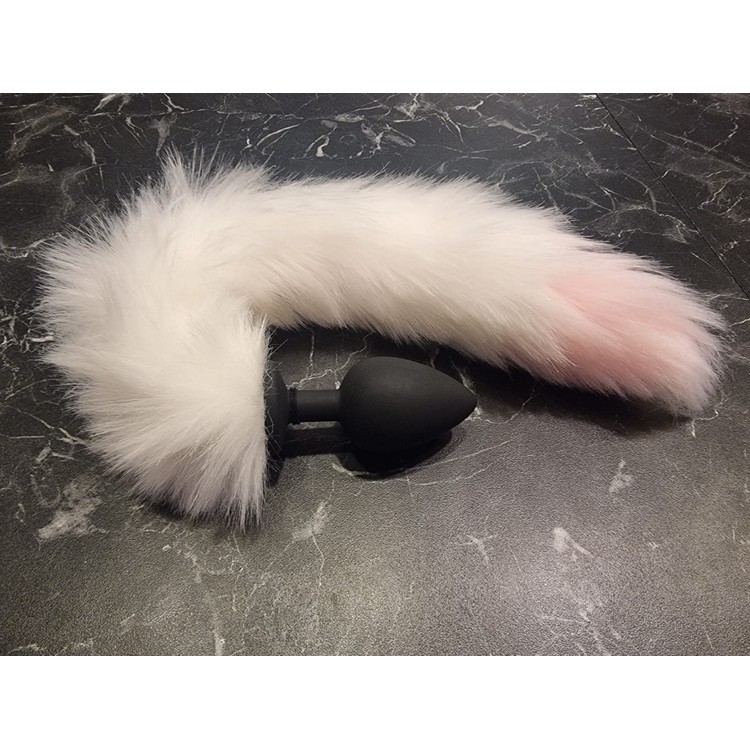 פלאג אנאלי עם זנב חתול לבן עם קצה ורוד גדול מסיליקון שחור