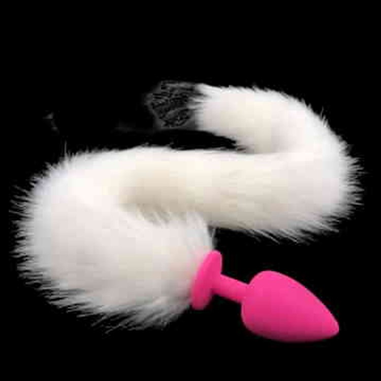 פלאג זנב חתול לבן עם קצה שחור קטן מסיליקון ורוד