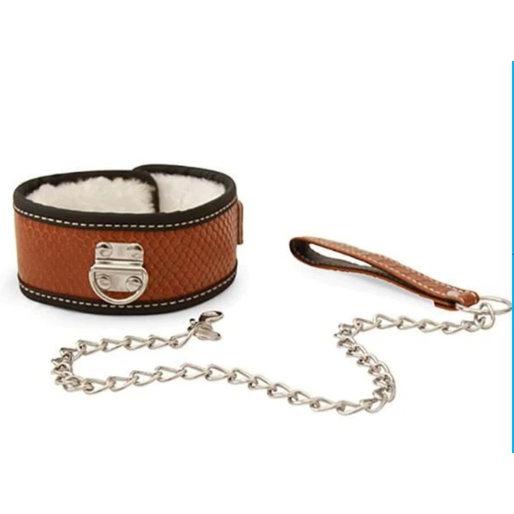 קולר במראה נחשי וריפוד פרוותי פנימי - חום