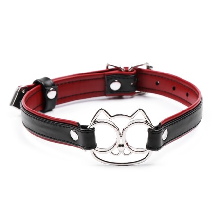 Black-Red Vegan Leather Collar with Cat Ring