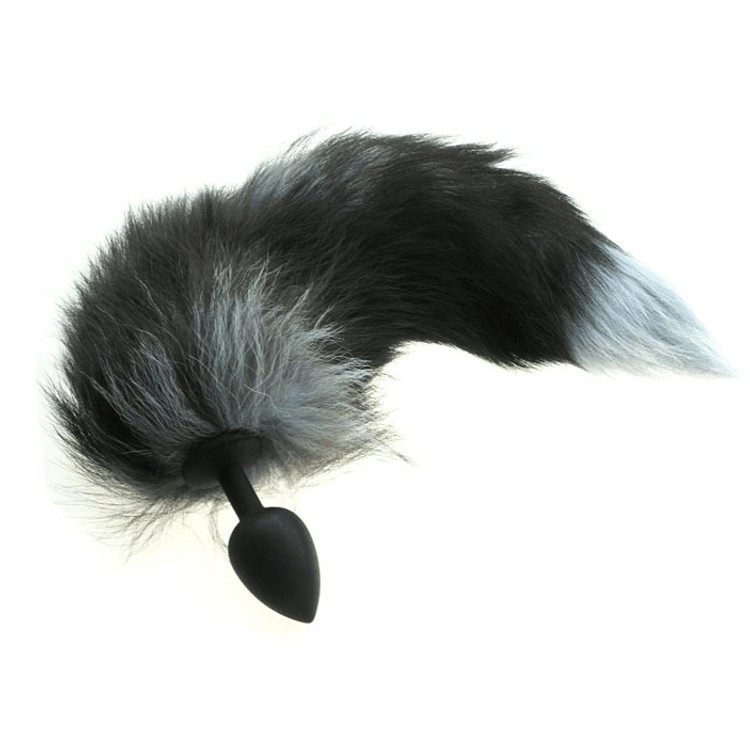 פלאג אנאלי מסיליקון שחור עם פרווה סינתטית בגווני אפור וקצה לבן