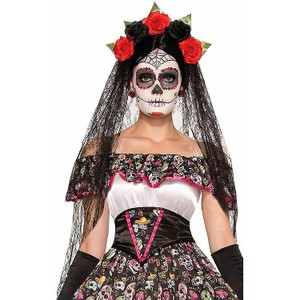 Day of the Dead הינומת תחרה שחורה עם ורדים