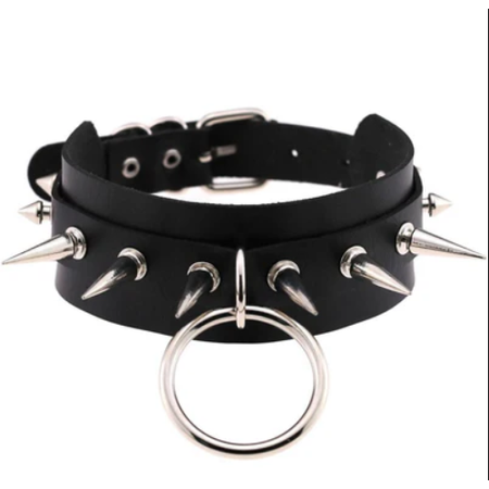 Thick Collar with Sharp Studs and Hoop- Black