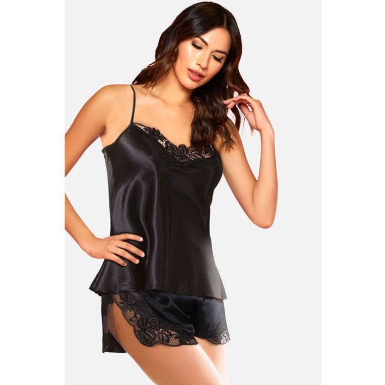 סט גופיה ומכנסיים מעוטר תחרה שחור Matilda Linge