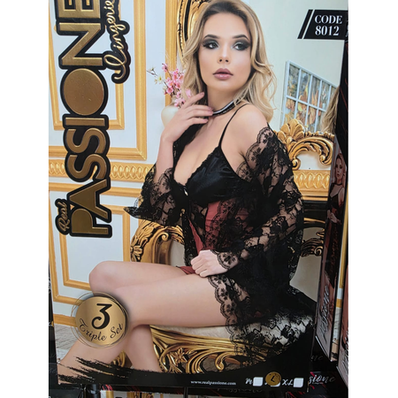 סט 3 חלקים תחרה, חלוק + בייבידול בורדו תחרה סאטן+ תחתון