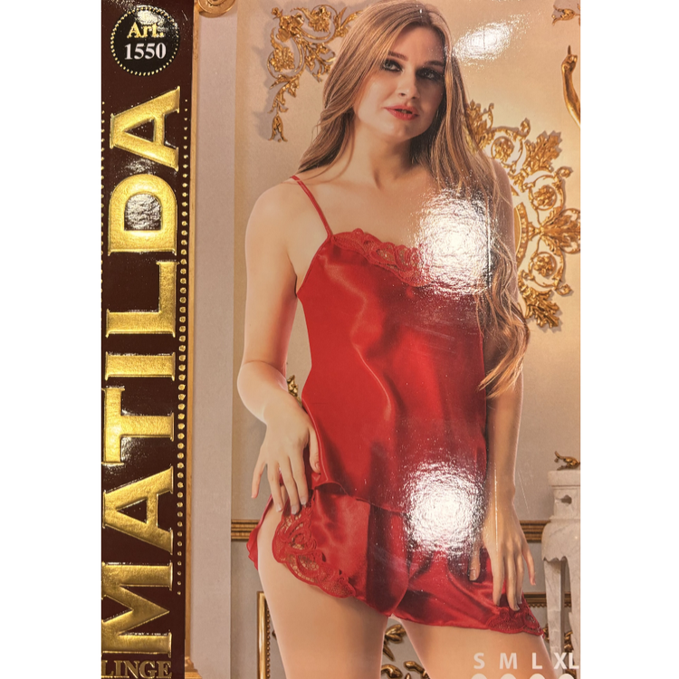 סט גופיה ומכנסיים אדום מעוטר תחרה