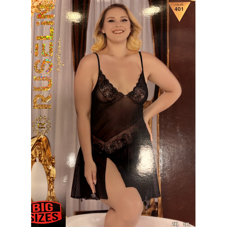 בייבידול שחור מעוטר תחרה עם שסע סקסי  Ruselin 2XL