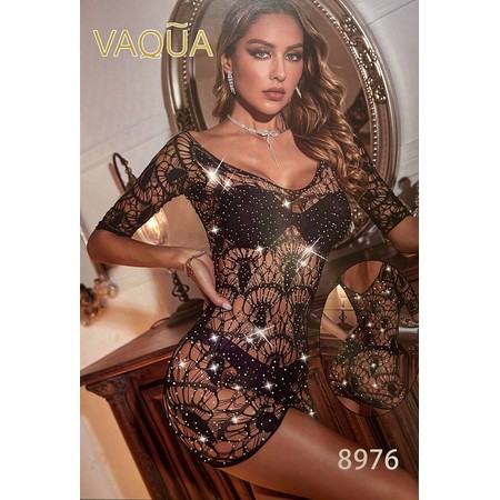 VAQUA שמלת רשת מיני שחורה עם תחרה ושרוולים ארוכים