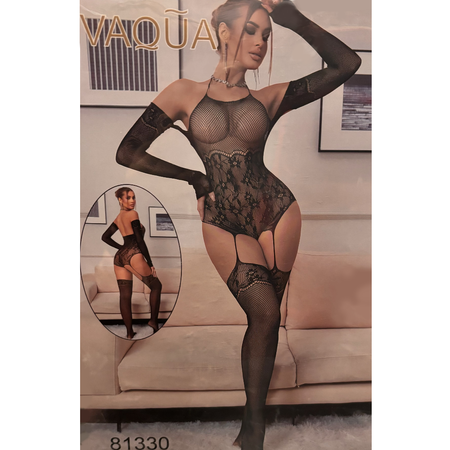 VAQUA בגד גוף רשת ארוך מעוטר פרחים