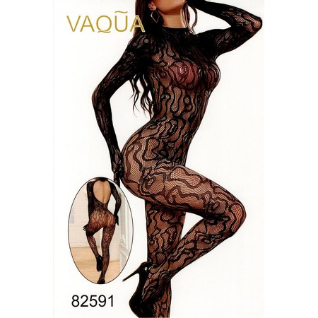 VAQUA Black Bodysuit Full Body Open Back Biomorphic Print