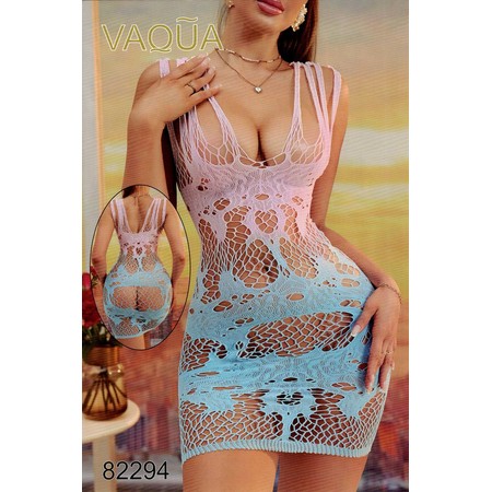 VAQUA Deep V-Neck Mesh Mini Dress Pink-Light Blue