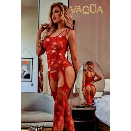 בגד גוף אדום עם עיצוב דמוי יהלומים וביריות VAQUA 8873T