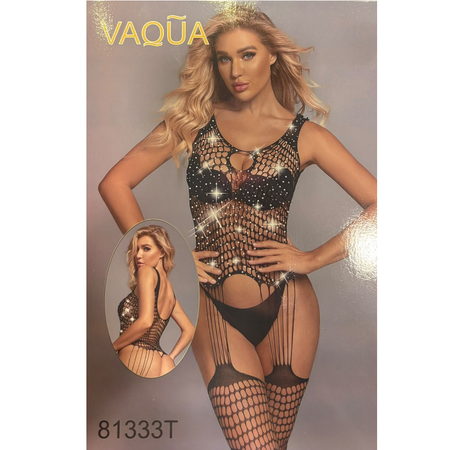 VAQUA בגד גוף רשת שחור יהלומים עם ירכיים פתוחות