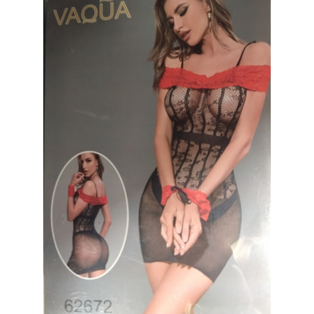 VAQUA שמלת רשת שחורה עם עיטור אדום