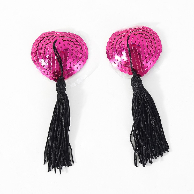 כיסוי פטמות פייטים לב ורוד עם פרנזים