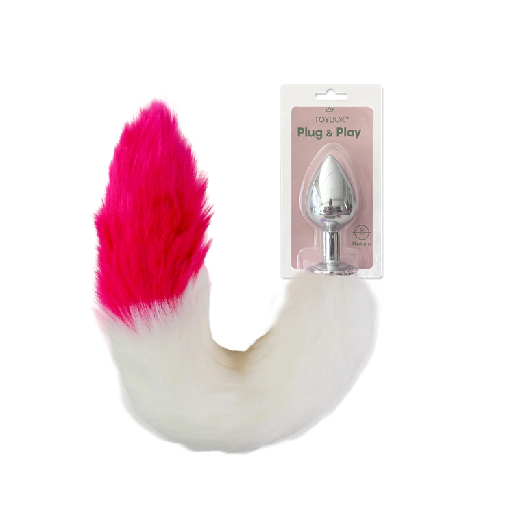 פלאג מתכת עם זנב שועל לבן עם קצה אדום