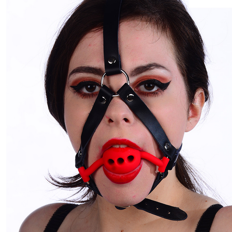 רתמת ראש וסנטר מעור עם קולר וגאג אדום נושם