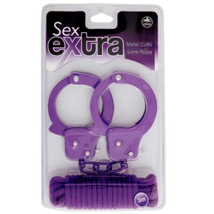 ערכת אזיקים סגולים ממתכת וחבל קשירה Sex Extra