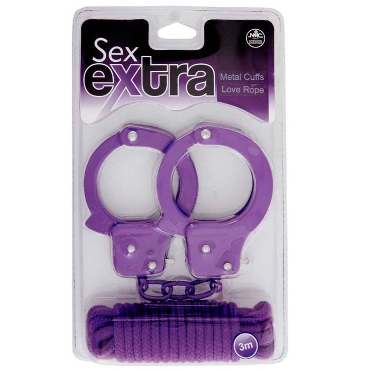ערכת אזיקים סגולים ממתכת וחבל קשירה Sex Extra