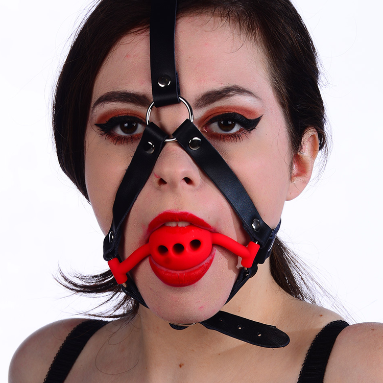 רתמת ראש מחסום פה וסנטר עם קולר דמוי עור שחור עם גאג סיליקון אדום
